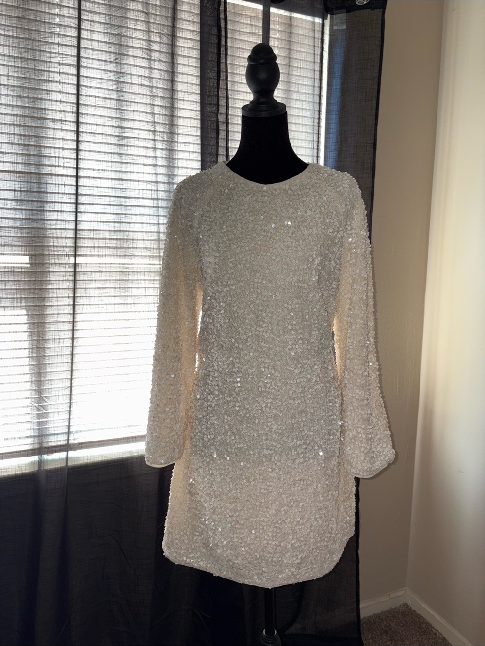 H&M White Sequin Long Sleeve Shift Dress